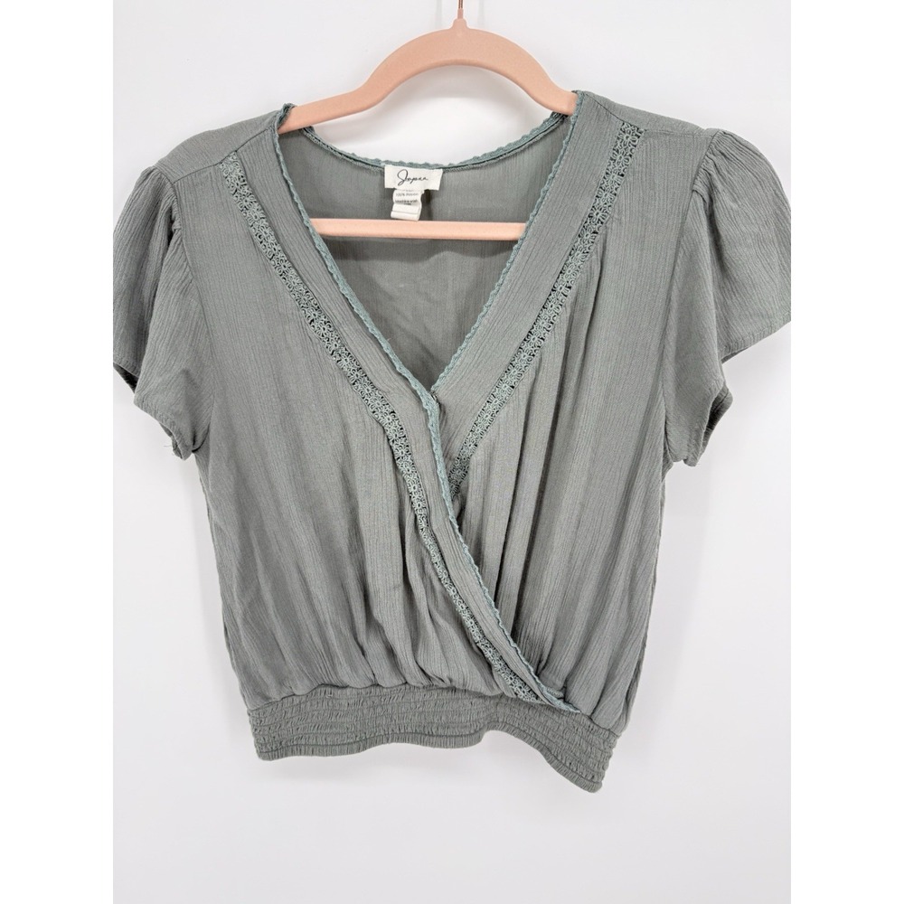 Japna Blouse Womens Green Rayon Faux Wrap Crochet Lace Trim Cottagecore Boho XS
